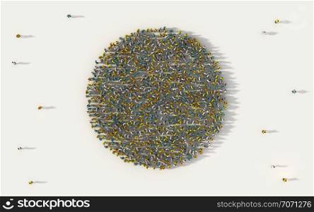 Large group of people forming a circle geometry icon in social media and community concept on white background. 3d sign of crowd illustration from above gathered together