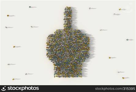 Large group of people forming a hand with middle finger symbol in social media and community concept on white background. 3d sign of crowd illustration from above gathered together