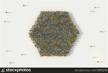Large group of people forming a hexagon geometry icon in social media and community concept on white background. 3d sign of crowd illustration from above gathered together