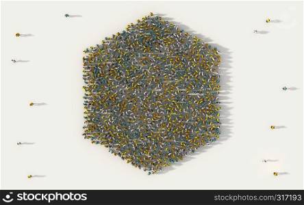 Large group of people forming a hexagon shape icon in social media and community concept on white background. 3d sign of crowd illustration from above gathered together