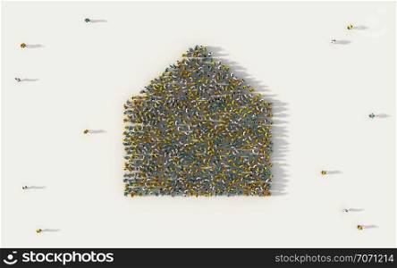 Large group of people forming a home or house symbol in social media and community concept on white background. 3d sign of crowd illustration from above gathered together