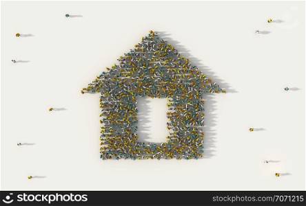 Large group of people forming a home or house symbol in social media and community concept on white background. 3d sign of crowd illustration from above gathered together