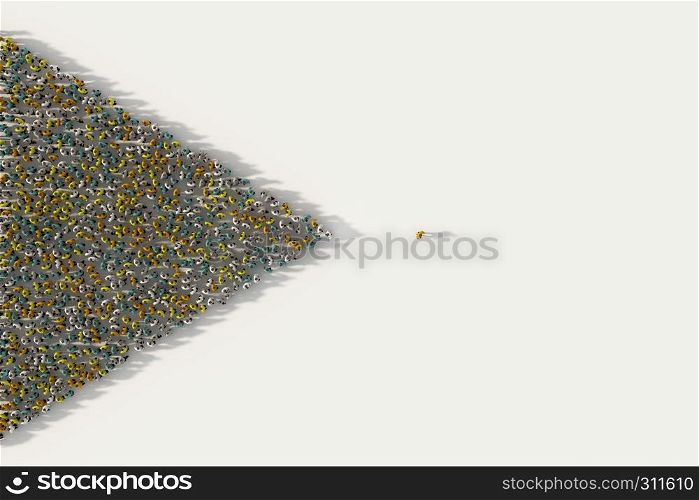 Large group of people forming a leader with triangle direction in leadership, social media and community concept on white background. 3d sign of crowd illustration from above gathered together