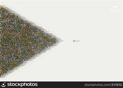 Large group of people forming a leader with triangle direction in leadership, social media and community concept on white background. 3d sign of crowd illustration from above gathered together