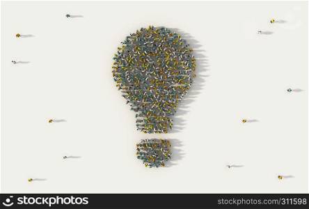 Large group of people forming a light bulb symbol in social media and community concept on white background. 3d sign of crowd illustration from above gathered together