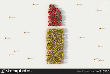 Large group of people forming a lipstick symbol in beauty, social media and community concept on white background. 3d sign of crowd illustration from above gathered together