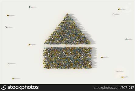 Large group of people forming a mail icon in social media and community concept on white background. 3d sign of crowd illustration from above gathered together