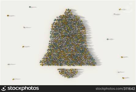 Large group of people forming a notification bell symbol in social media and community concept on white background. 3d sign of crowd illustration from above gathered together