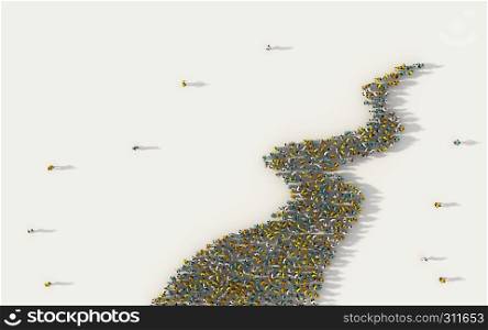 Large group of people forming a path trail way symbol in social media and community concept on white background. 3d sign of crowd illustration from above gathered together