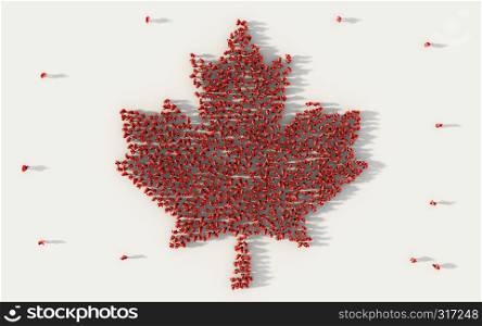 Large group of people forming a red fall leaves or autumn foliage icon in social media and community concept on white background. 3d sign of crowd illustration from above gathered together