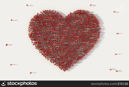 Large group of people forming a red heart symbol in social media and community concept on white background. 3d sign of crowd illustration from above gathered together