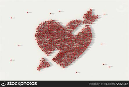 Large group of people forming a red heart symbol in social media and community concept on white background. 3d sign of crowd illustration from above gathered together