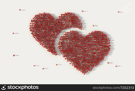 Large group of people forming a red heart symbol in social media and community concept on white background. 3d sign of crowd illustration from above gathered together