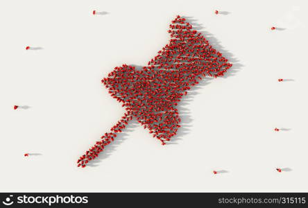 Large group of people forming a red pushpin or thumbtack symbol in social media and community concept on white background. 3d sign of crowd illustration from above gathered together