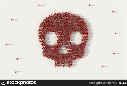 Large group of people forming a red skull symbol in social media and community concept on white background. 3d sign of crowd illustration from above gathered together