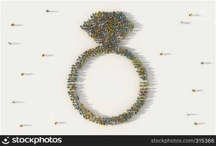 Large group of people forming a ring symbol in social media and community concept on white background. 3d sign of crowd illustration from above gathered together