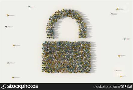 Large group of people forming a safety lock symbol in social media and community concept on white background. 3d sign of crowd illustration from above gathered together