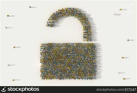 Large group of people forming a safety unlock symbol in social media and community concept on white background. 3d sign of crowd illustration from above gathered together