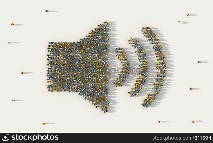 Large group of people forming a speaker symbol in social media and community concept on white background. 3d sign of crowd illustration from above gathered together