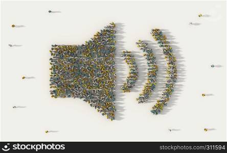 Large group of people forming a speaker symbol in social media and community concept on white background. 3d sign of crowd illustration from above gathered together