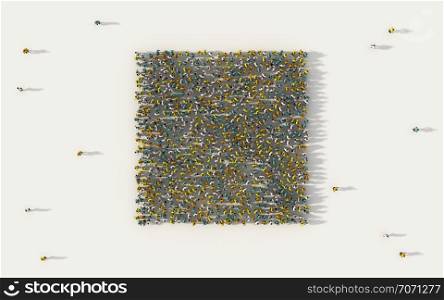 Large group of people forming a square geometry icon in social media and community concept on white background. 3d sign of crowd illustration from above gathered together