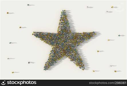 Large group of people forming a star symbol in social media and community concept on white background. 3d sign of crowd illustration from above gathered together