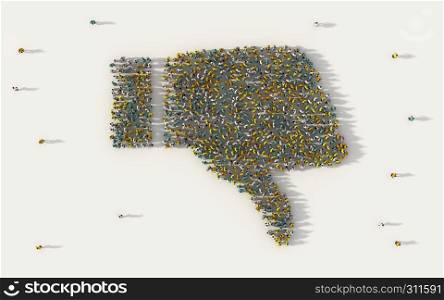 Large group of people forming a thumb down icon in business, dislike button in social media, and community concept on white background. 3d sign of crowd illustration from above gathered together