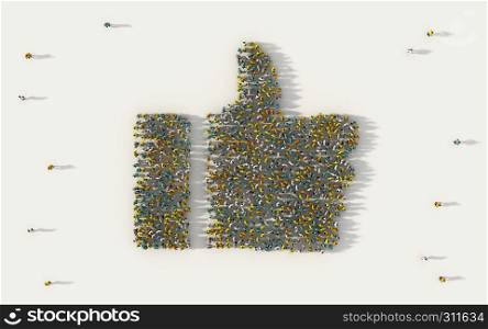 Large group of people forming a thumb up icon in business, like button in social media, and community concept on white background. 3d sign of crowd illustration from above gathered together