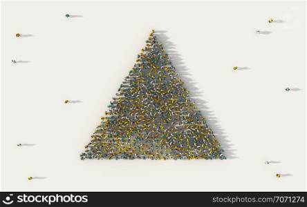 Large group of people forming a triangle geometry icon in social media and community concept on white background. 3d sign of crowd illustration from above gathered together
