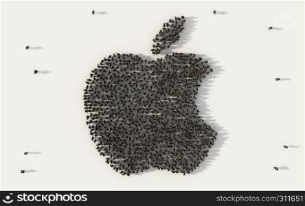 Large group of people forming an apple symbol in social media and community concept on white background. 3d sign of crowd illustration from above gathered together
