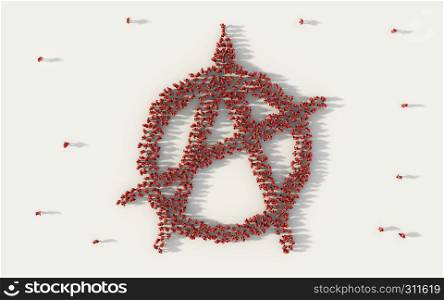 Large group of people forming Anarchy symbol in social media and community concept on white background. 3d sign of crowd illustration from above gathered together