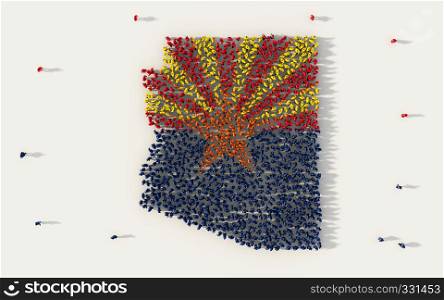 Large group of people forming Arizona flag map in The United States of America, USA, in social media and community concept on white background. 3d sign symbol of crowd illustration from above