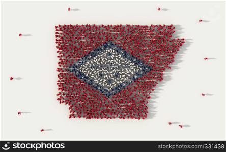 Large group of people forming Arkansas flag map in The United States of America, USA, in social media and community concept on white background. 3d sign symbol of crowd illustration from above