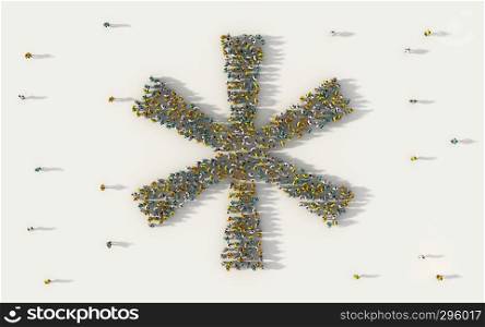 Large group of people forming asterisk symbol in social media and community concept on white background. 3d sign of crowd illustration from above gathered together