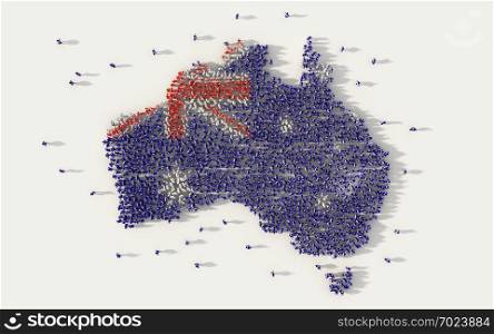 Large group of people forming Australia map and national flag in social media and communication concept on white background. 3d sign symbol of crowd illustration from above gathered together