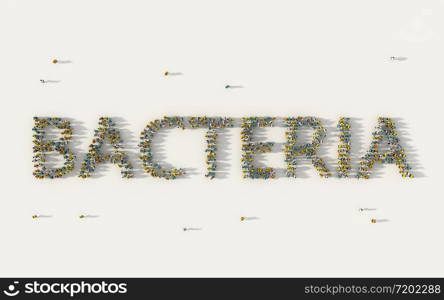Large group of people forming Bacteria lettering text in social media and community concept on white background. 3d sign of crowd illustration from above gathered together