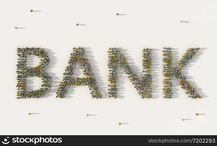 Large group of people forming Bank lettering text in social media and community concept on white background. 3d sign of crowd illustration from above gathered together