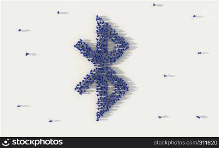 Large group of people forming bluetooth symbol in social media and community concept on white background. 3d sign of crowd illustration from above gathered together