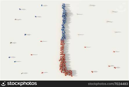 Large group of people forming Chile map and national flag in social media and communication concept on white background. 3d sign symbol of crowd illustration from above gathered together