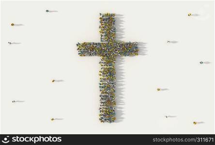 Large group of people forming christian cross symbol in social media and community concept on white background. 3d sign of crowd illustration from above gathered together