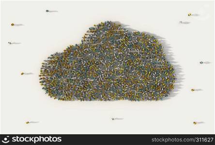 Large group of people forming cloud symbol in social media and community concept on white background. 3d sign of crowd illustration from above gathered together
