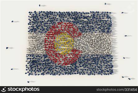 Large group of people forming Colorado flag map in The United States of America, USA, in social media and community concept on white background. 3d sign symbol of crowd illustration from above