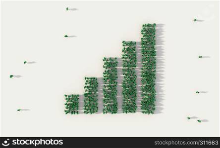 Large group of people forming column graph or bar chart symbol in social media and community concept on white background. 3d sign of crowd illustration from above gathered together