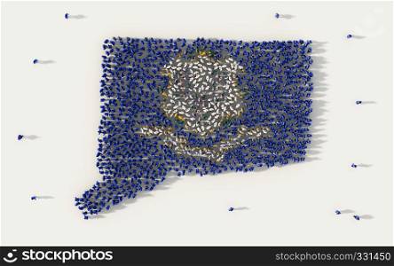 Large group of people forming Connecticut flag map in The United States of America, USA, in social media and community concept on white background. 3d sign symbol of crowd illustration from above