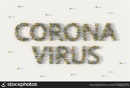 Large group of people forming Corona virus or covid19 lettering text in social media and community concept on white background. 3d sign of crowd illustration from above gathered together