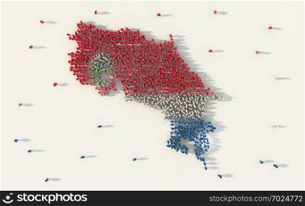 Large group of people forming Costa Rica map and national flag in social media and community concept on white background. 3d sign symbol of crowd illustration from above gathered together
