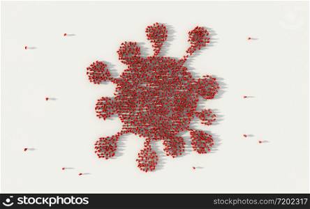 Large group of people forming Covid19 or Corona Virus symbol in social media and community concept on white background. 3d sign of crowd illustration from above gathered together