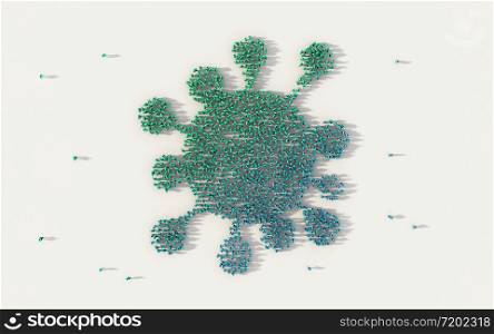 Large group of people forming Covid19 or Corona Virus symbol in social media and community concept on white background. 3d sign of crowd illustration from above gathered together