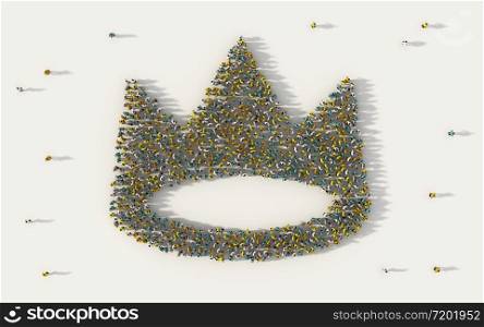 Large group of people forming crown or Corona virus symbol in social media and community concept on white background. 3d sign of crowd illustration from above gathered together