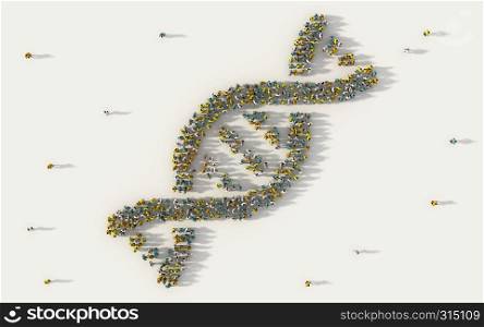 Large group of people forming DNA, helix model medicine symbol in social media and community concept on white background. 3d sign of crowd illustration from above gathered together